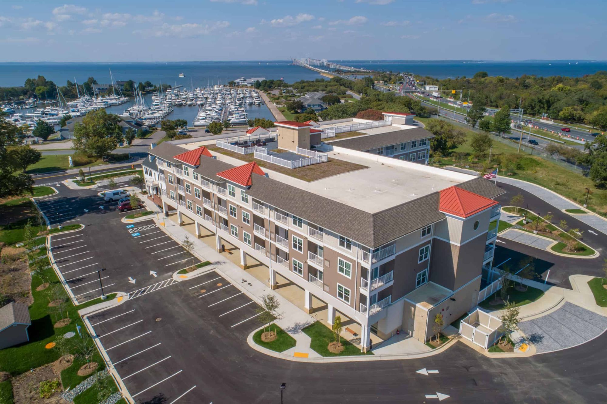 Aerial view of Bay Manor beside the Chesapeake Bay